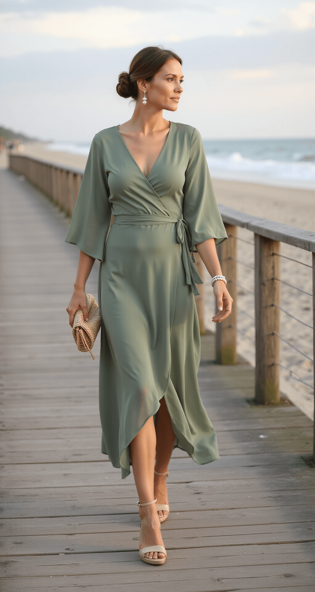 Summer Wedding Guest Style: What to Wear in 2025 A female guest in a sage green chiffon wrap midi dress with flutter sleeves and asymmetrical hem walks along a wooden boardwalk, ocean backdrop in a late afternoon setting, wearing nude strappy sandals and pearl drop earrings, with her hair styled in an elegant low bun.