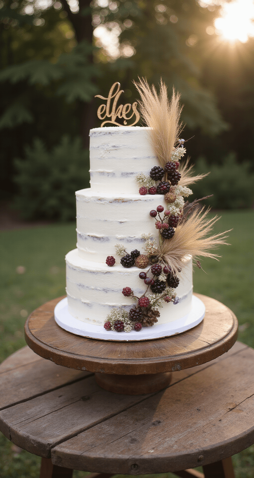 BOHO WEDDING CAKE: NATURAL ELEGANCE FOR YOUR SPECIAL DAY Three-tiered semi-naked wedding cake with cream cheese frosting, adorned with pampas grass, dried botanicals, gold leaf, and fresh berries, displayed on an antique wooden table in a garden setting during golden hour.