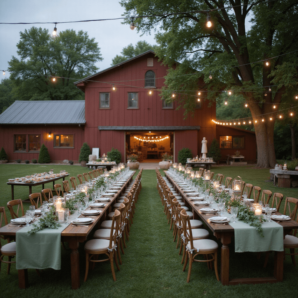 Perfect Anniversary Gifts for Him: A Comprehensive Guide An enchanting garden party with rustic barn in the background, featuring string lights, sage green linens on long tables adorned with eucalyptus and wildflowers, mismatched vintage china, a dessert cart with pies and berries, and guests mingling on the lawn filled with lawn games and cozy seating areas.