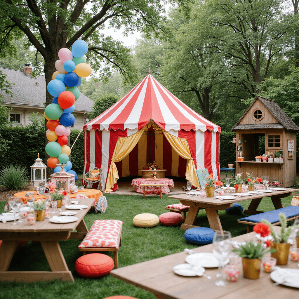 Perfect Anniversary Gifts for Him: A Comprehensive Guide A vibrant children's birthday party in a stylish backyard featuring a balloon arch, a striped circus tent with low tables and floor cushions in bright colors, a custom-built treehouse, a lemonade stand, DIY decor, and a petting zoo corner with gentle farm animals.