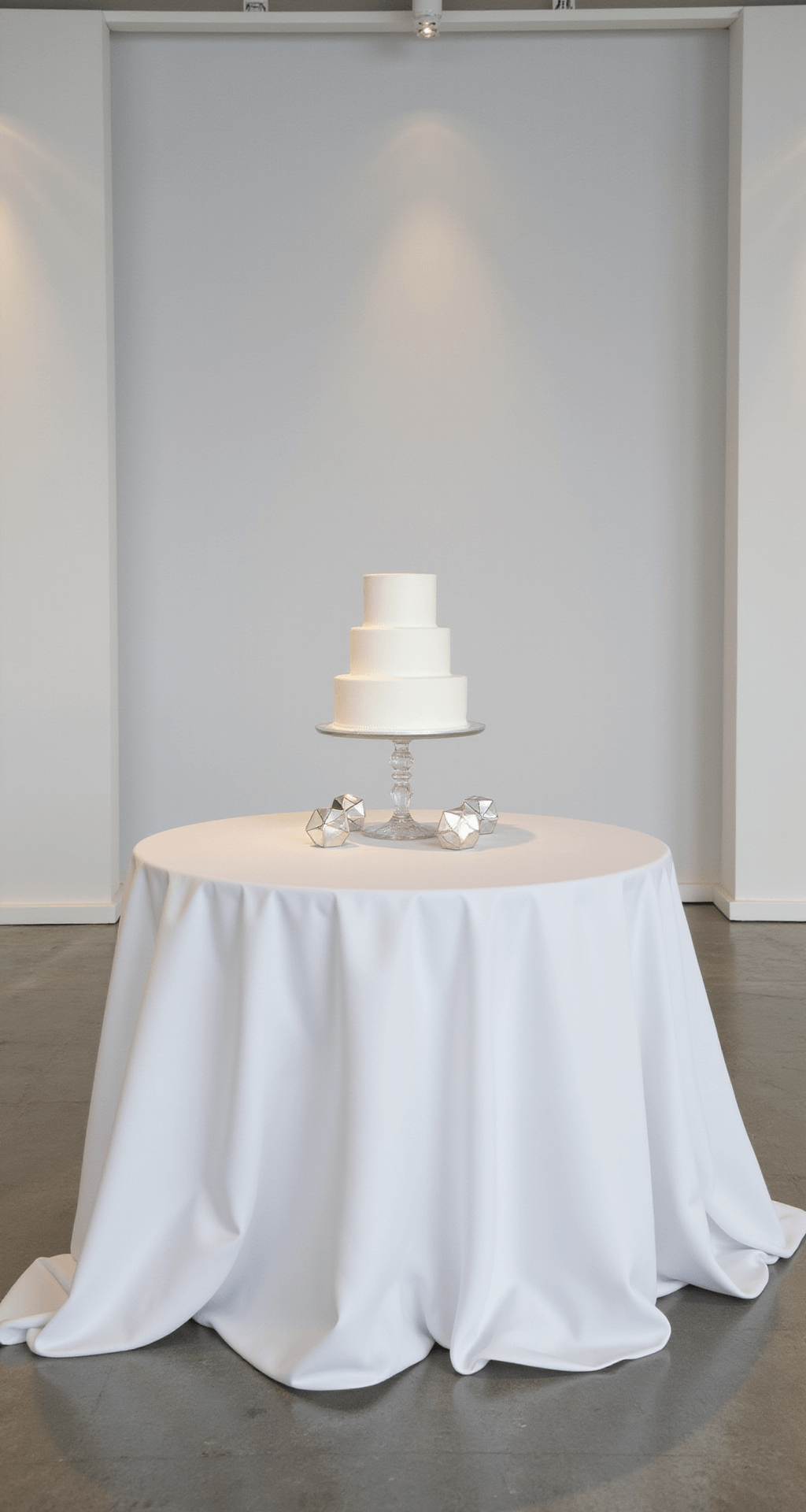 Ultimate Wedding Cake Table Guide: Design, Setup, and Styling Secrets A modern wedding cake display featuring a three-tier white cake on a clear acrylic stand, surrounded by metallic accents, on a pristine white tablecloth. The scene is softly lit with LED spotlights against a textured white backdrop.