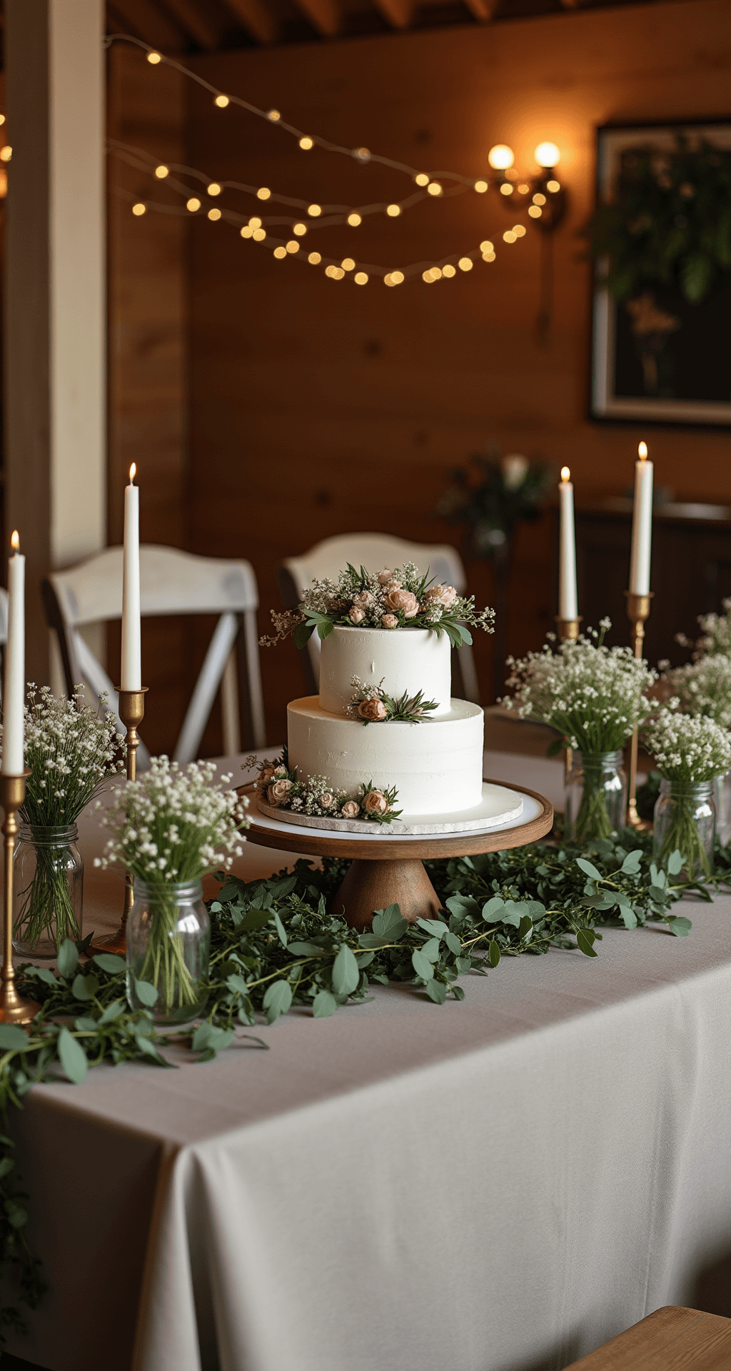Ultimate Wedding Cake Table Guide: Design, Setup, and Styling Secrets A rustic wedding cake display on a wooden farmhouse table, adorned with greenery, fresh flowers, and mason jars, illuminated by twinkle lights and vintage brass candlesticks.
