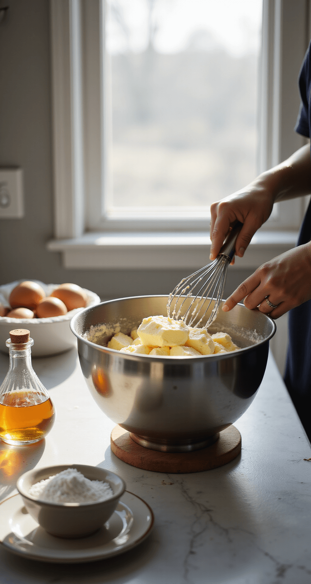 Effortless Celebration Cake: Perfect for Every Woman's Special Day Close-up of hands creaming butter and sugar in a stainless steel bowl, with natural light illuminating a marble countertop adorned with farm-fresh eggs, vanilla extract, and flour, alongside a stand mixer creating a fluffy mixture in a softly blurred background.