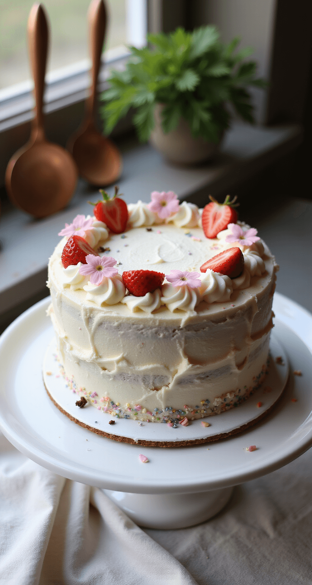 Effortless Celebration Cake: Perfect for Every Woman's Special Day Overhead view of an elegantly frosted two-layer birthday cake with white buttercream, pink strawberries, edible flowers, pastel sprinkles, and chocolate shavings, set on a white ceramic stand in a blurred sophisticated kitchen.
