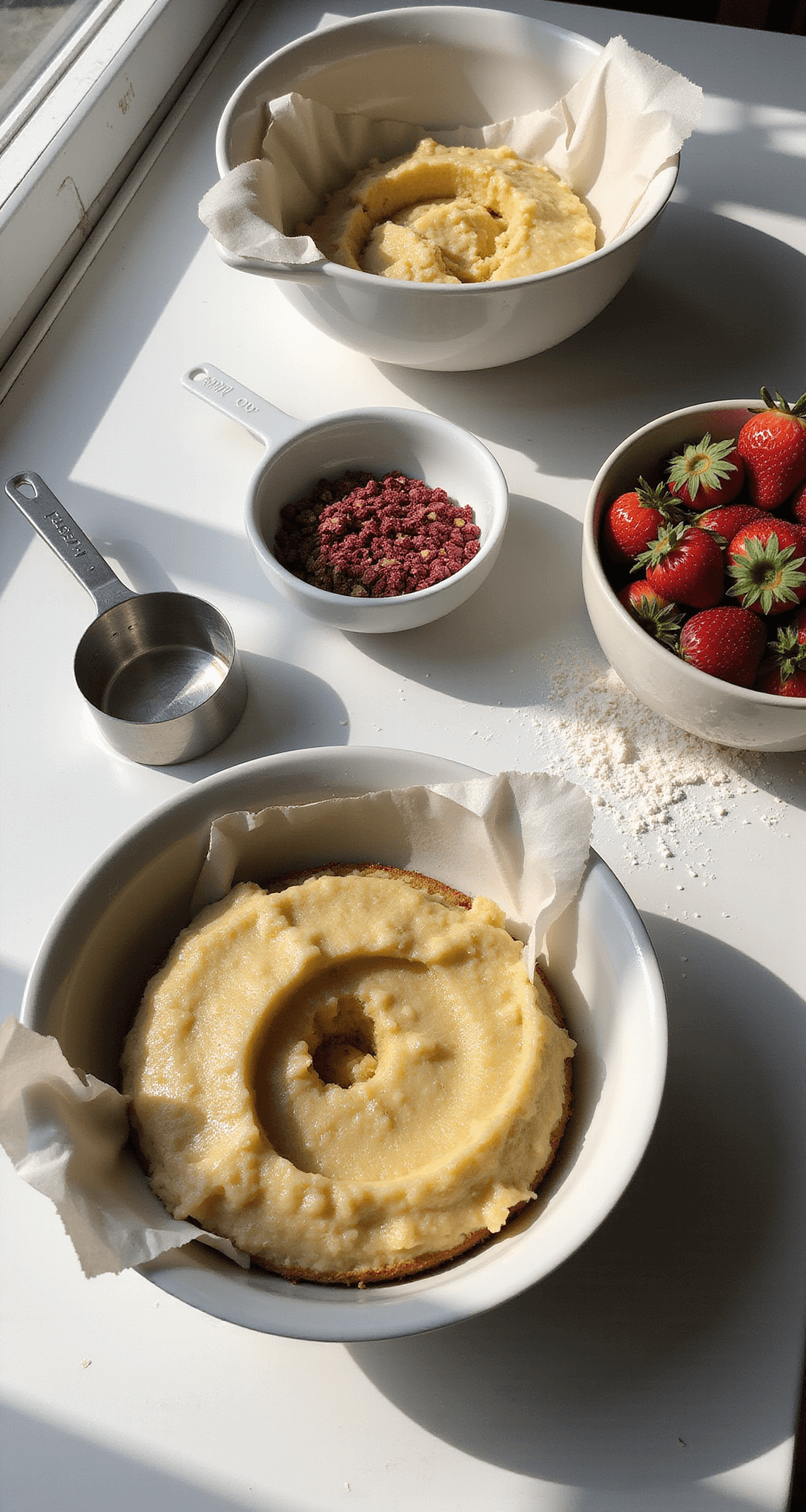 Berry First Birthday Cake - A Delightful Smash Cake for Your Sweet One A sunlit kitchen counter featuring vintage mixing bowls with vibrant mashed bananas and crushed freeze-dried strawberries, measuring cups, fresh ingredients, and a dusting of flour, with a 6-inch cake pan lined with parchment paper and fresh strawberries with edible flowers in a ceramic bowl.
