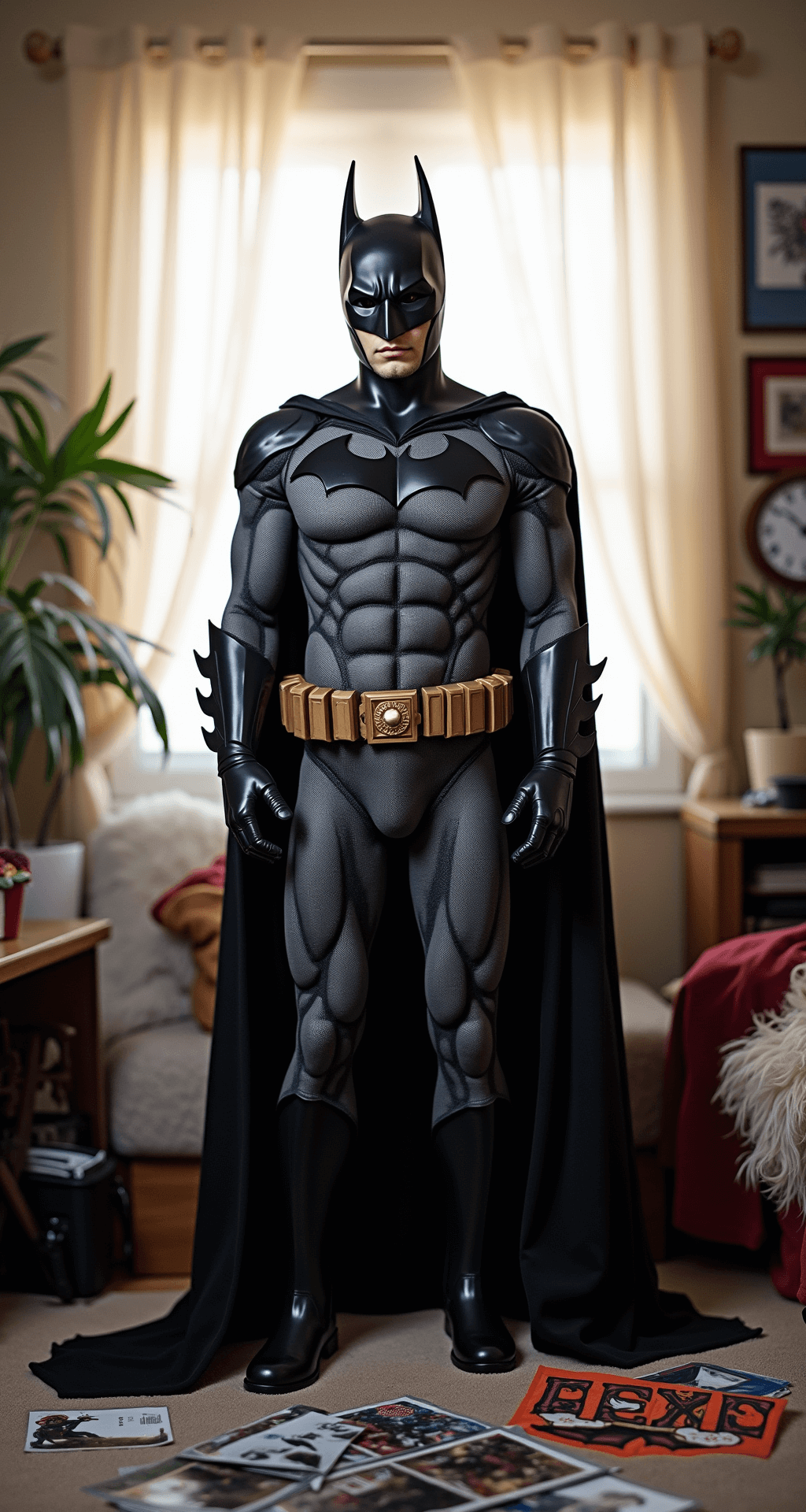Your Ultimate Hero Costumes: From Basic to Epic A cozy bedroom in the early morning light features an elaborate Batman costume on a premium mannequin, showcasing intricate details on the utility belt and cape texture. The surrounding area displays an organized chaos of costume crafting tools, reference photos, and fabric samples, captured from a low angle to highlight the grandeur of the costume.