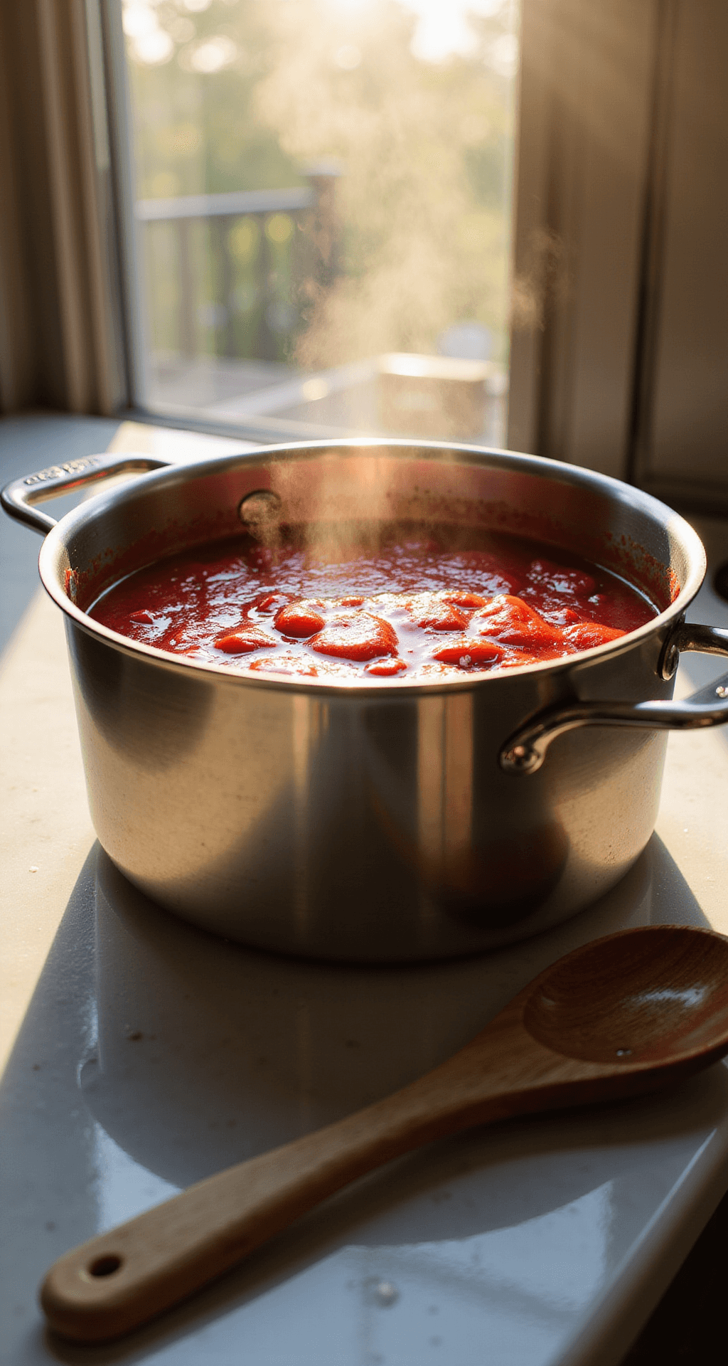 STRAWBERRY BIRTHDAY CAKE: A BURST OF FRUITY CELEBRATION Close-up of vibrant red strawberry puree simmering in a stainless steel saucepan, with steam rising and warm afternoon light illuminating the glossy texture on a marble countertop.