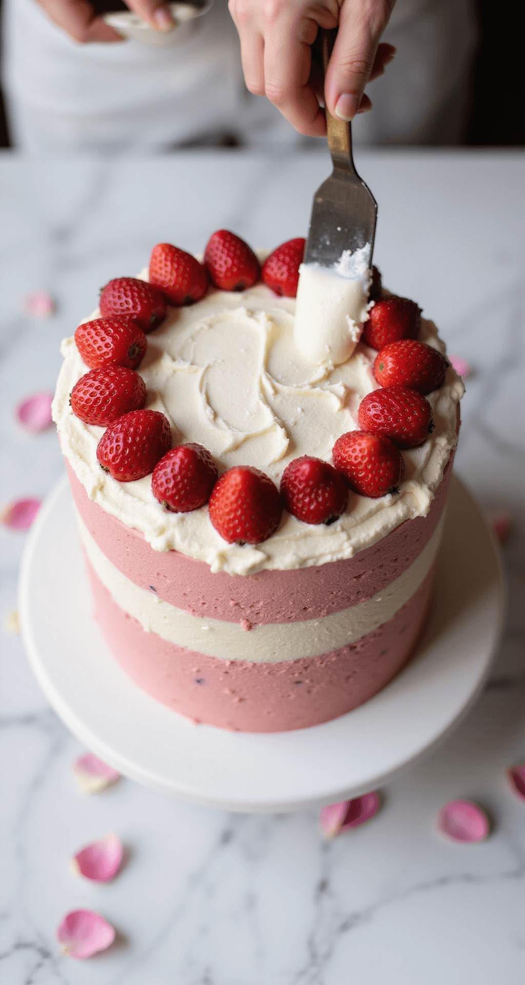 STRAWBERRY BIRTHDAY CAKE: A BURST OF FRUITY CELEBRATION Professional overhead shot of a three-layer pink strawberry cake being assembled with cream cheese frosting and fresh strawberries arranged on top, set on white marble with scattered rose petals.