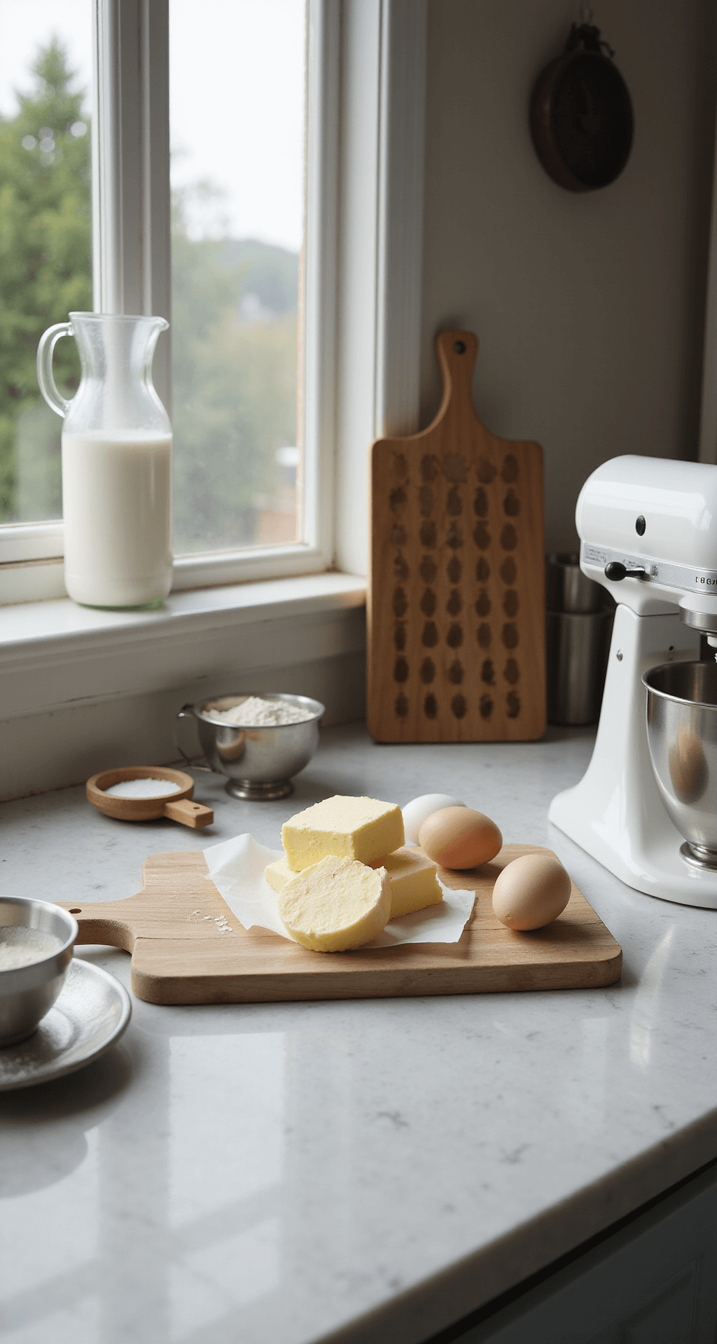 Easy Birthday Cake: The Ultimate Foolproof Recipe Close-up of a baking prep scene with softened butter and room-temperature eggs on a marble countertop, electric mixer beside measuring cups of sugar and flour, with a rustic wooden cooling rack and vintage cake pans in soft focus.