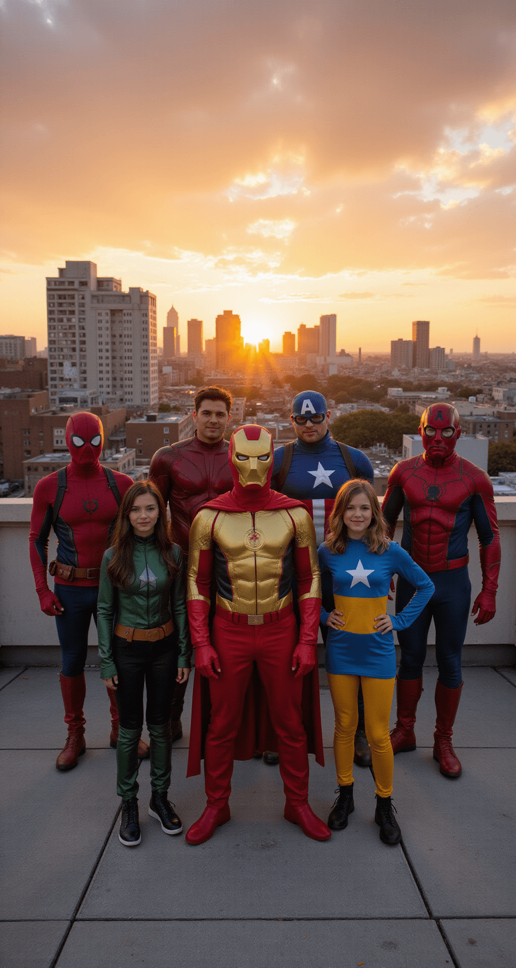 Your Ultimate Hero Costumes: From Basic to Epic A diverse group of characters in various hero costumes showcasing different budget levels—from basic to premium—stands on a rooftop at magic hour, with a vibrant city skyline in the background. The warm sunset creates a natural rim lighting effect, and their dynamic, relaxed poses convey mobility while maintaining character accuracy.