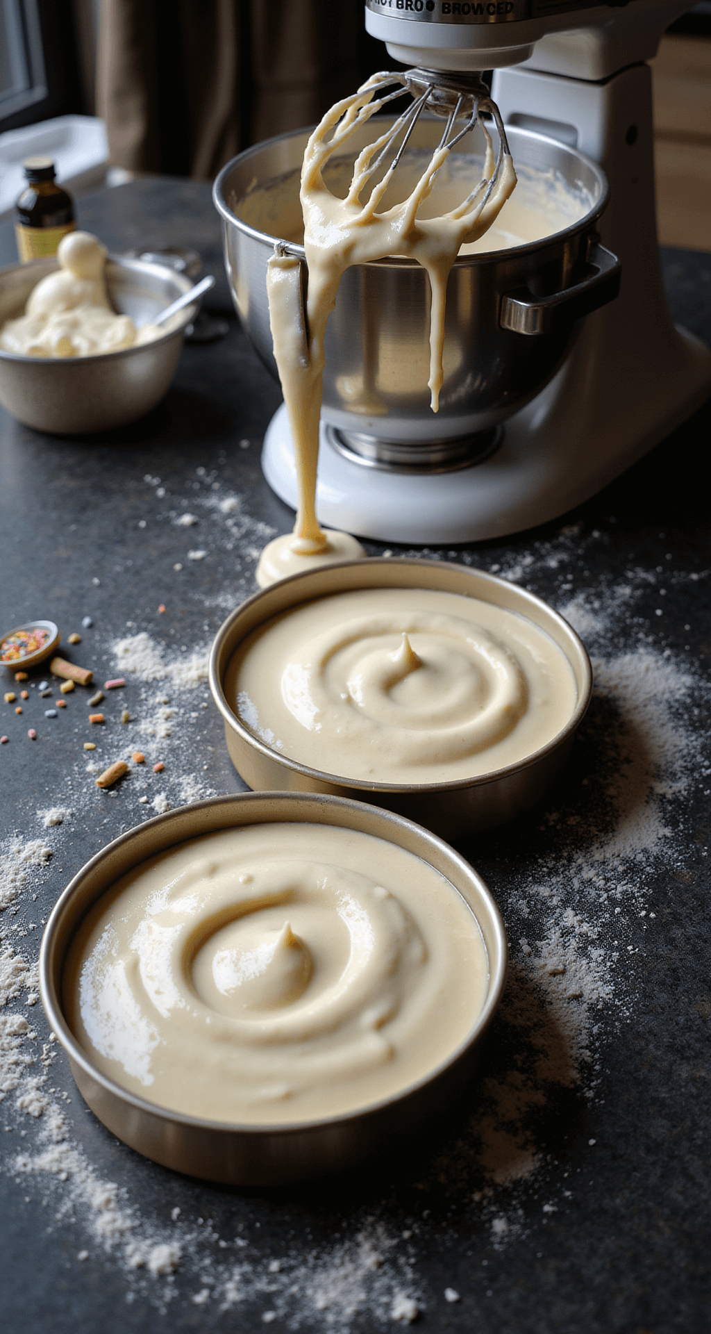 Easy Birthday Cake: The Ultimate Foolproof Recipe Cinematic overhead view of silky cake batter being poured into greased pans, with sprinkles and a vanilla extract bottle nearby, set against a floured dark granite countertop and a professional stand mixer in the background.