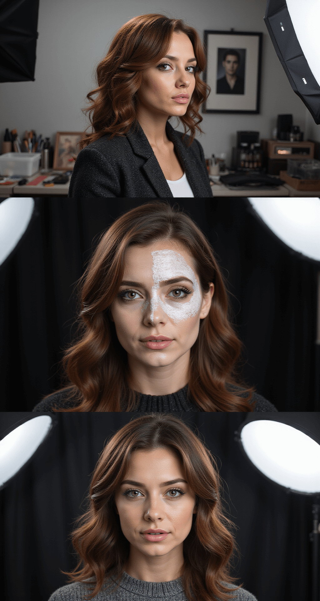 Your Ultimate Hero Costumes: From Basic to Epic Close-up image of a makeup artist applying intricate hero costume makeup in a professional studio, showcasing a split-screen transformation from a bare face to a detailed, fully transformed character, with visible tools and reference photos in the background.