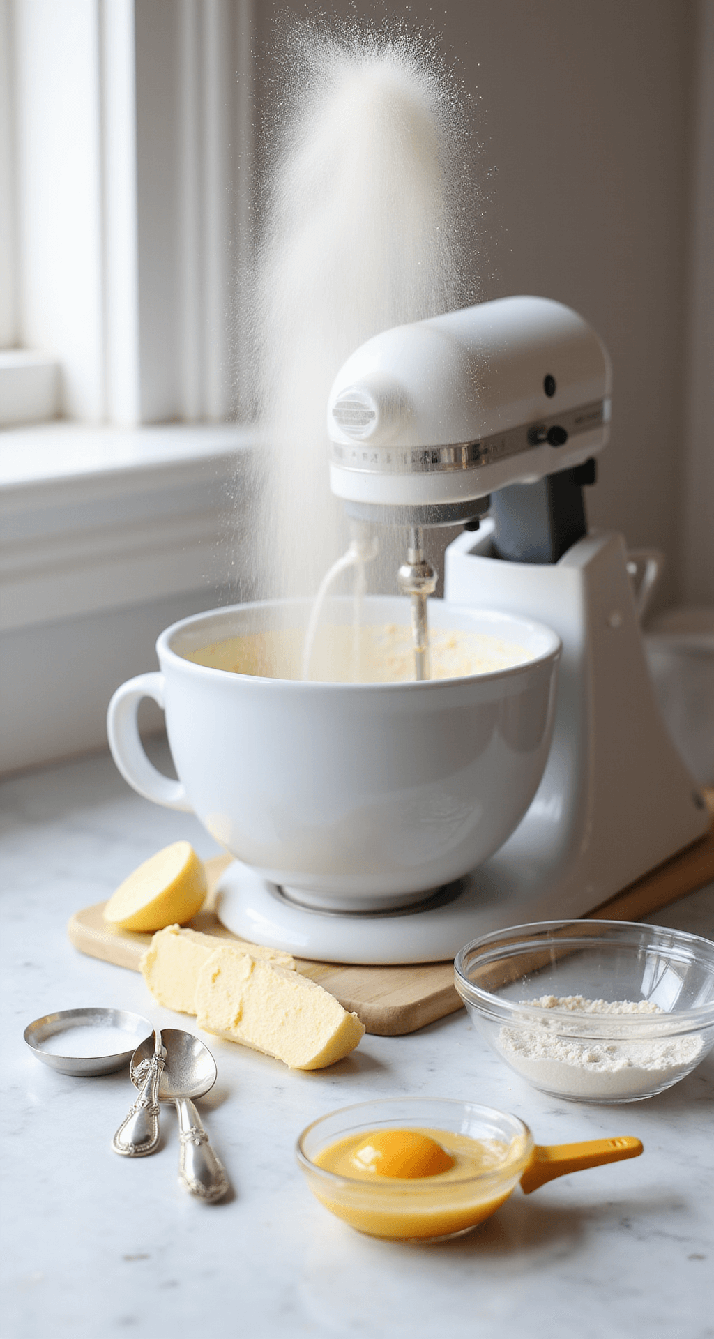 The Ultimate White Birthday Cake: A Bakery-Quality Masterpiece A professional stand mixer on a white marble countertop mixes cake batter, with sifted flour dust above, separated egg whites in a crystal bowl, and room temperature butter arranged nearby, all illuminated by soft natural light.