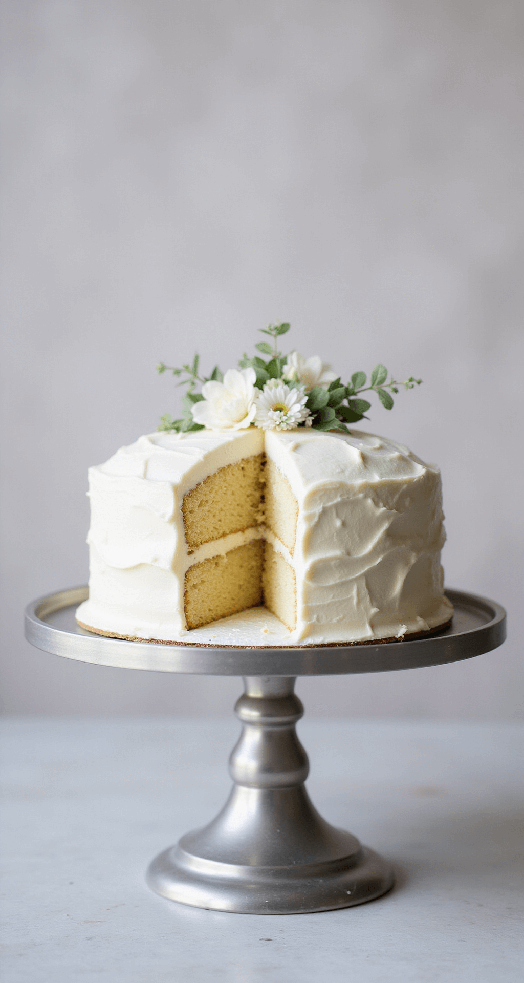 The Ultimate White Birthday Cake: A Bakery-Quality Masterpiece A two-layer white birthday cake on a silver stand, adorned with delicate flowers, showcases a pristine frosting and a slice removed to reveal its moist interior.