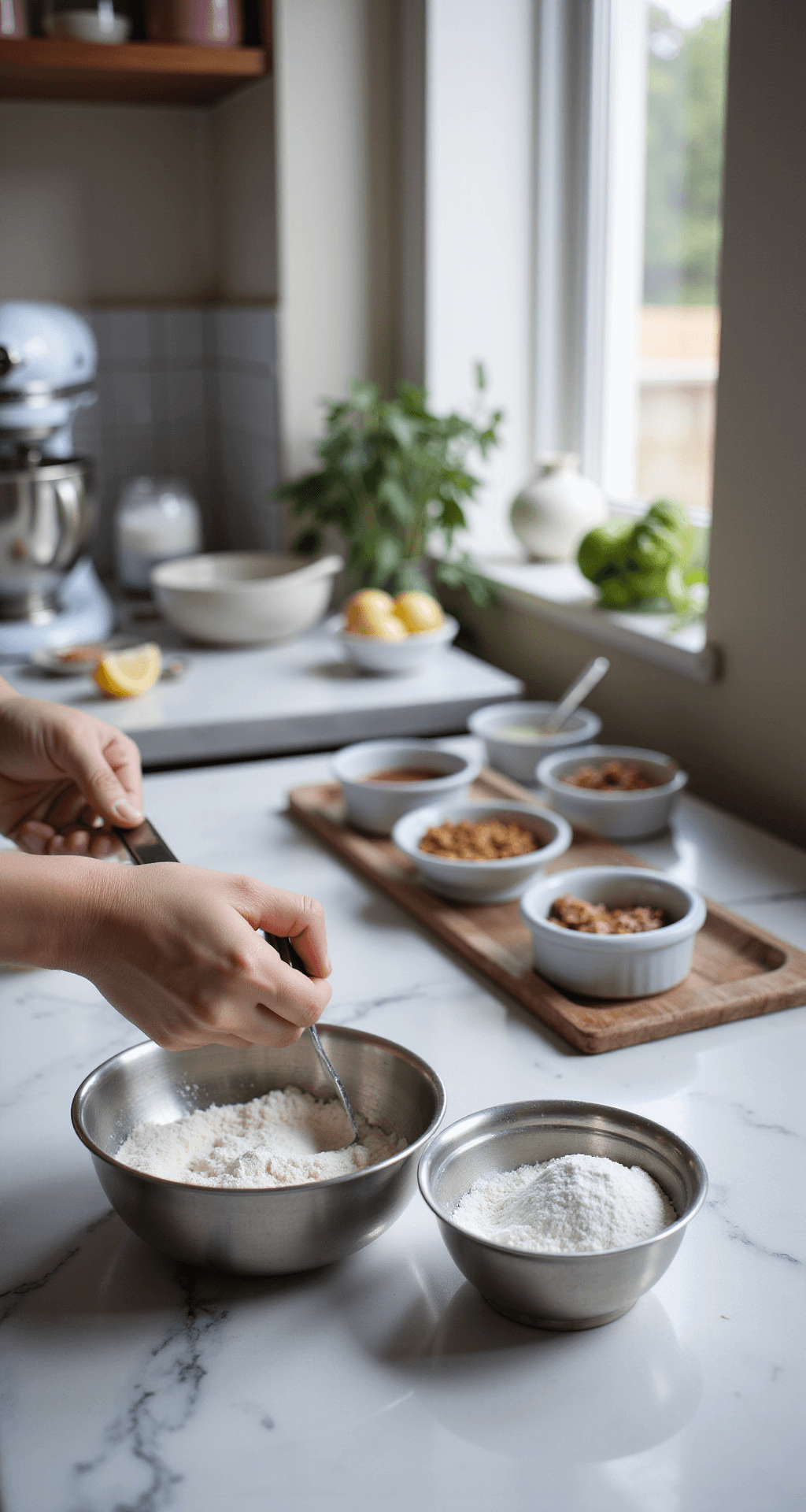 Classic Black and White Wedding Cake Close-up of hands measuring flour and sugar in stainless steel cups on a marble countertop, with a stand mixer and organized ingredients in a bright, professional kitchen.