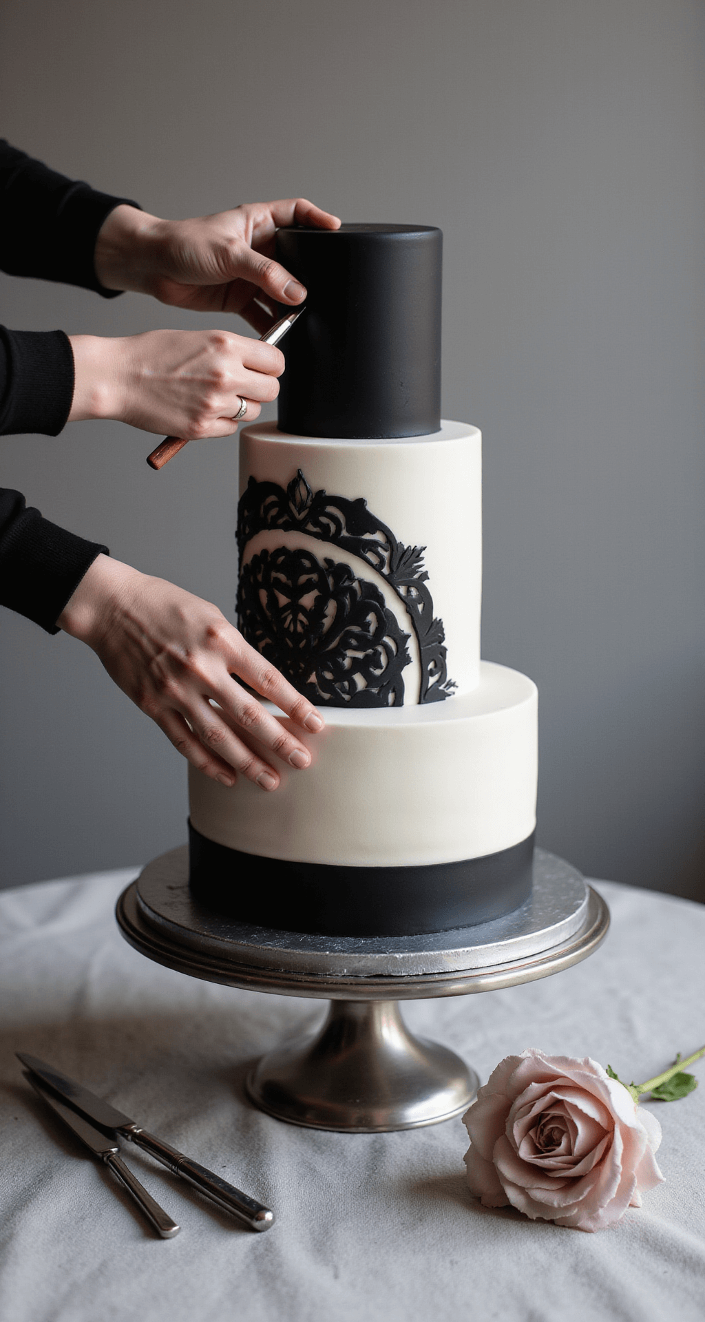 Classic Black and White Wedding Cake Overhead view of a three-tiered wedding cake with smooth black and white fondant layers being assembled on a silver stand, hands applying geometric patterns, with decorating tools and sugar flowers nearby.