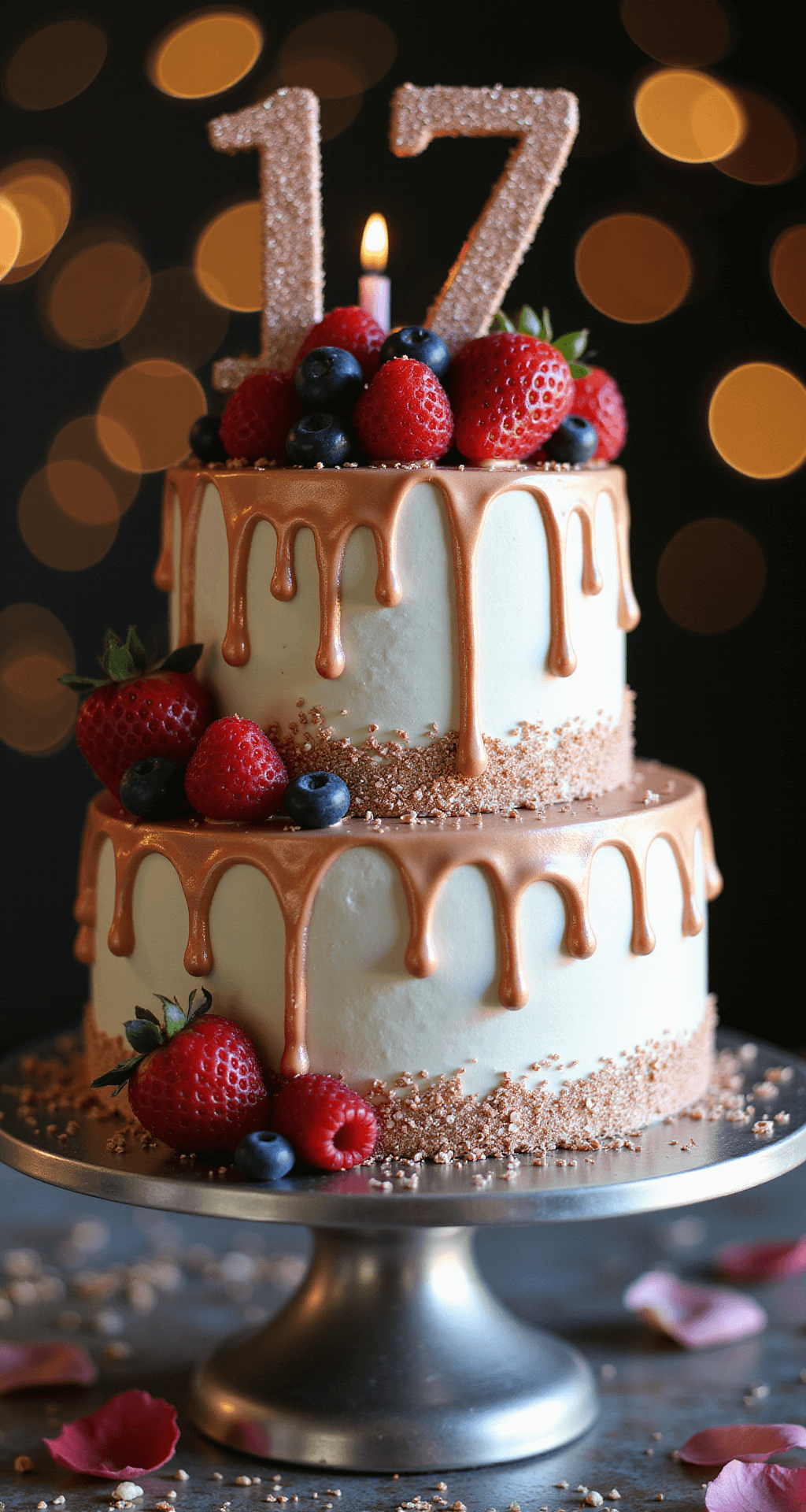 17th Birthday Cake: The Ultimate Showstopper Celebration Dessert Dramatic overhead shot of a two-tier birthday cake with pearl-white buttercream, rose gold drips, a '17' topper, fresh berries, and metallic sprinkles on a silver stand, surrounded by soft bokeh lighting, rose petals, and birthday candles.