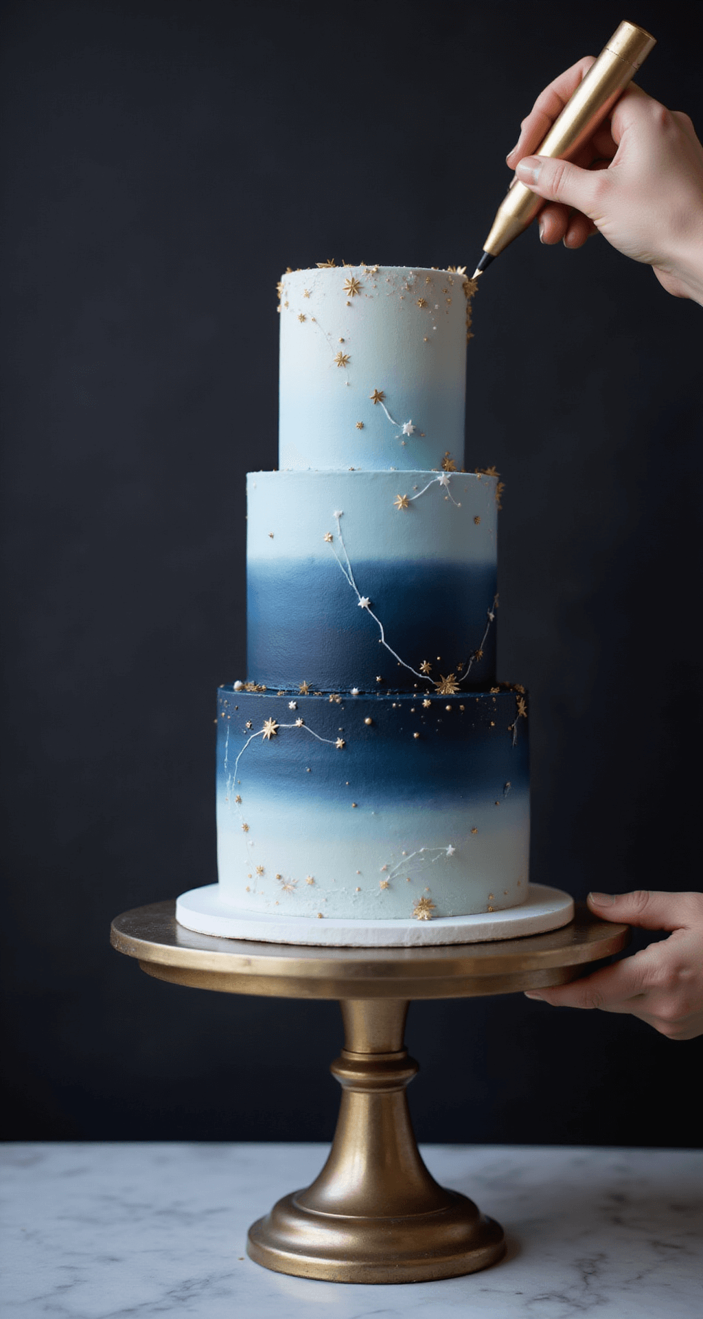 Aesthetic Birthday Cake: A Stunning Celebration Masterpiece A three-tiered birthday cake with an ombre buttercream finish from navy to pale blue, adorned with gold stars and white piped constellations, on an elegant stand against a dark background, with a pastry chef adding final touches.