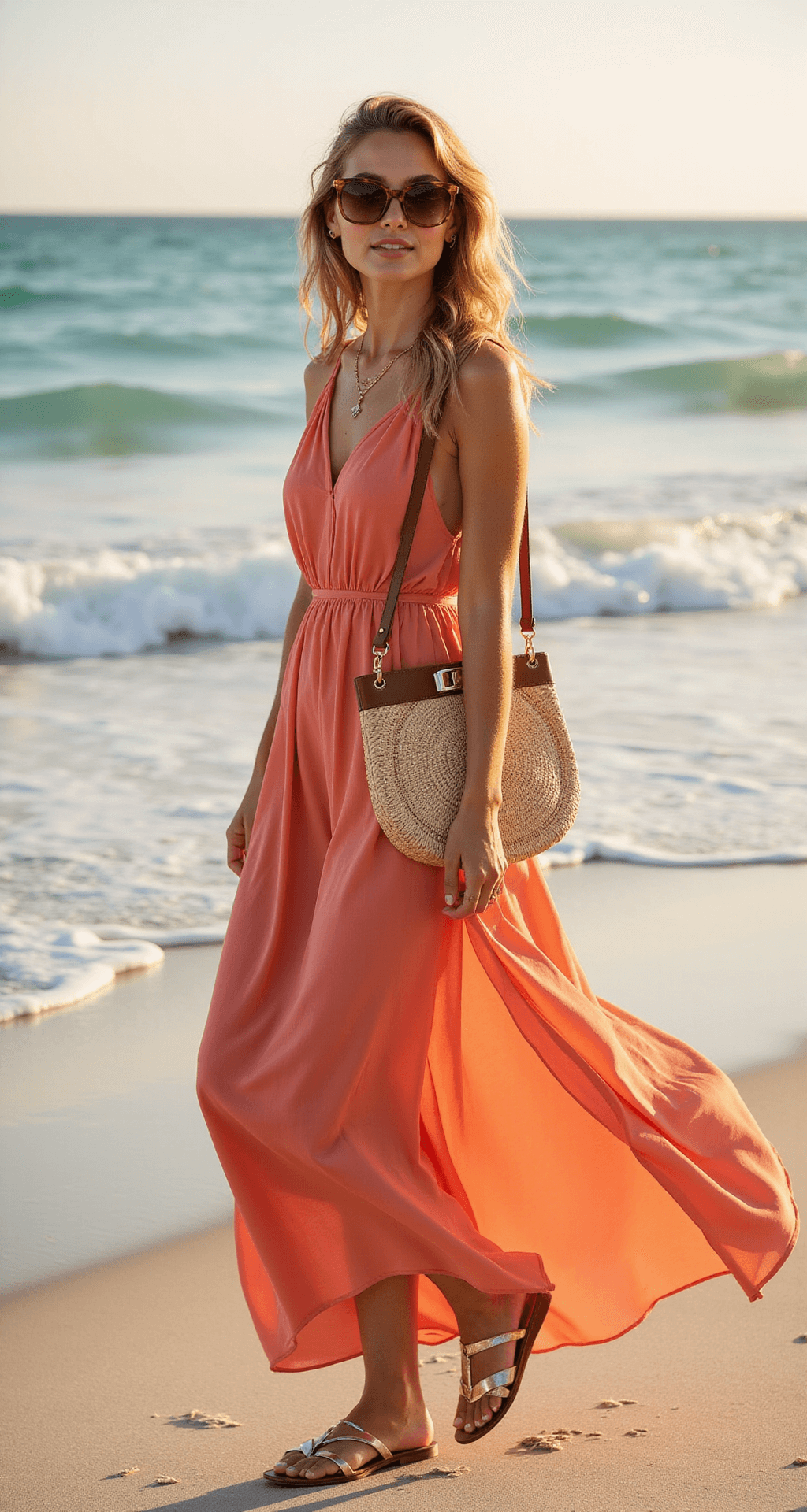 Beach Wedding Guest Dress: What to Wear in 2025 A model in a coral chiffon maxi dress with pleating and a side slit stands on a sunlit beach, with turquoise waters and white sand in the background. She wears metallic flat sandals, carries a straw clutch, and accessorizes with minimal gold jewelry and oversized tortoiseshell sunglasses, captured from a low angle during golden hour.