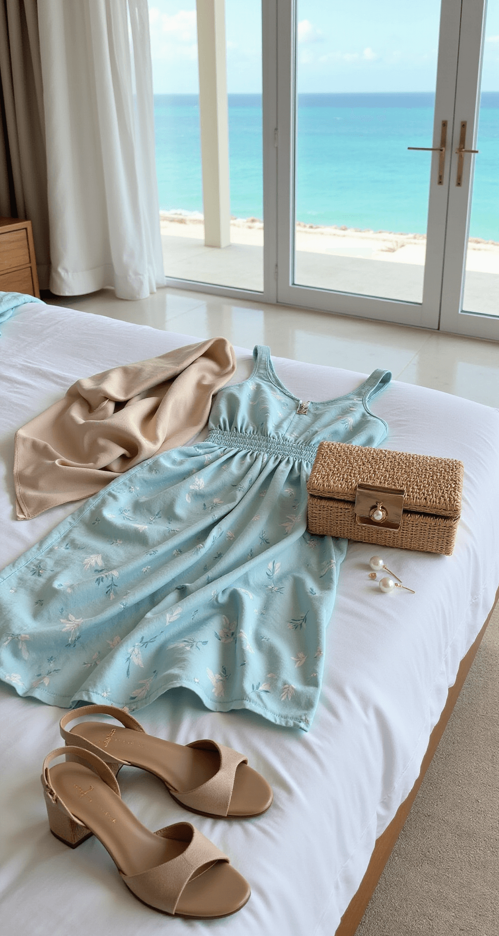 Beach Wedding Guest Dress: What to Wear in 2025 Interior of a luxury resort suite featuring a floor-to-ceiling ocean view, showcasing a powder blue midi dress, nude block-heel sandals, pearl drop earrings, a champagne-colored silk wrap, and a designer wicker clutch, all arranged in a flat-lay style on a white linen bed, illuminated by soft, diffused natural light.