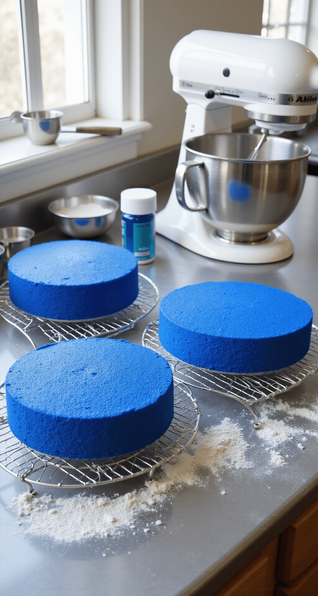 ROYAL BLUE WEDDING CAKE: A SHOWSTOPPING CENTERPIECE A bright professional kitchen with stainless steel countertops, showcasing three royal blue cake layers on cooling racks, a stand mixer dusted with flour, and measuring cups alongside gel food coloring bottles.