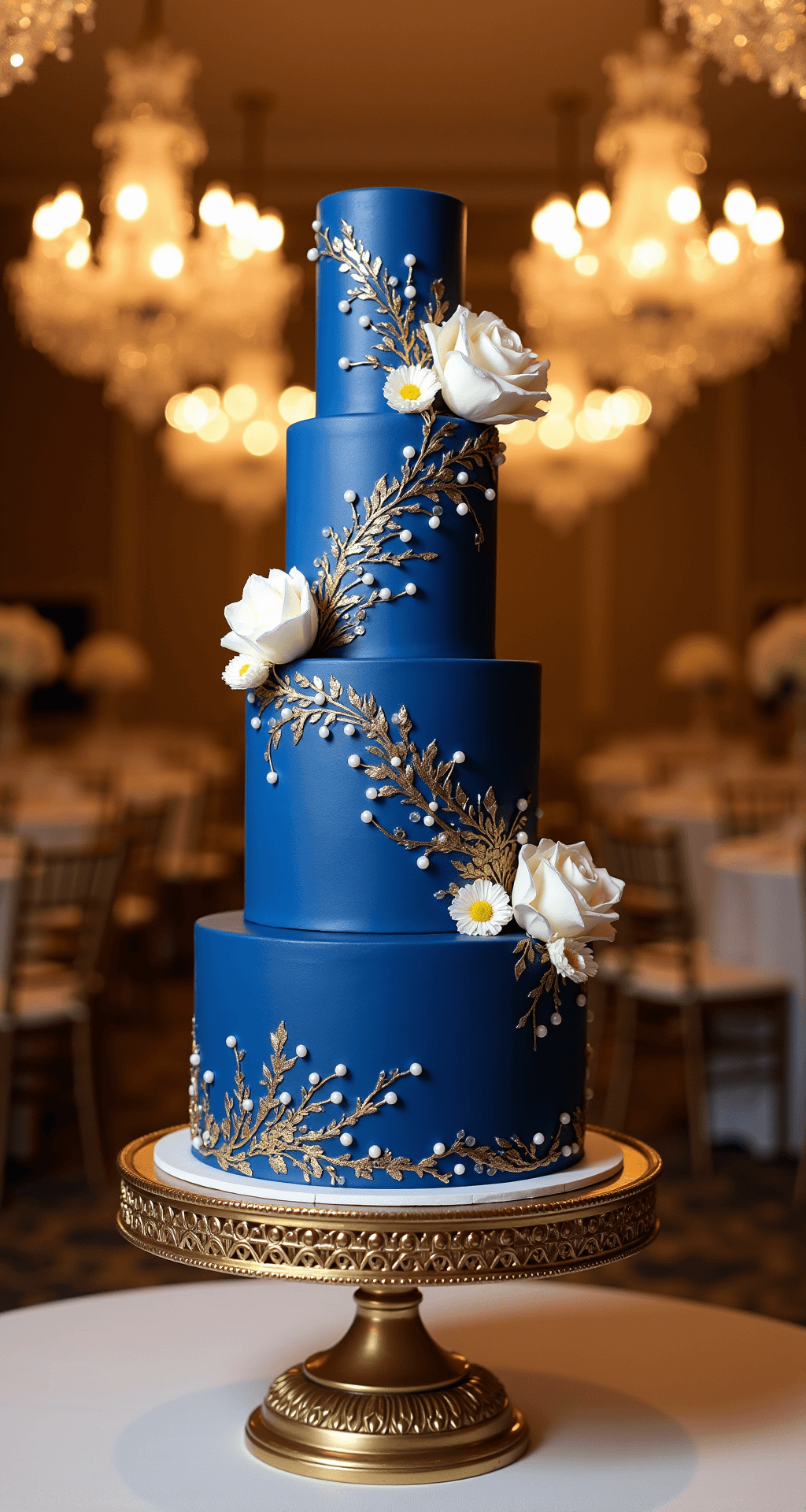 ROYAL BLUE WEDDING CAKE: A SHOWSTOPPING CENTERPIECE An elegant ballroom at golden hour featuring a 4-tier royal blue wedding cake on a gold stand, decorated with white flowers, gold leaf accents, and pearl details, illuminated by crystal chandeliers.