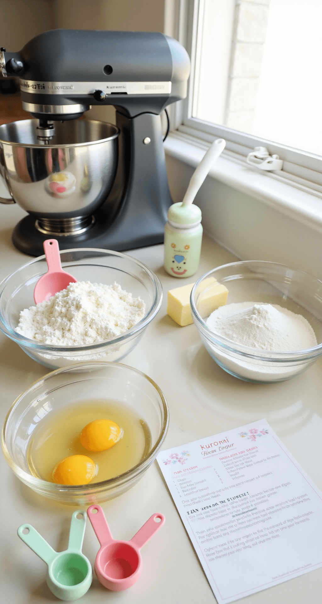 KUROMI BIRTHDAY CAKE: THE ULTIMATE KAWAII CELEBRATION DESSERT Close-up of a pristine kitchen countertop featuring elegant glass bowls of flour, eggs, butter, and sugar, with a professional stand mixer and measuring tools. Soft natural light enhances a Kuromi-themed recipe card and pastel measuring cups, adding a cute touch.