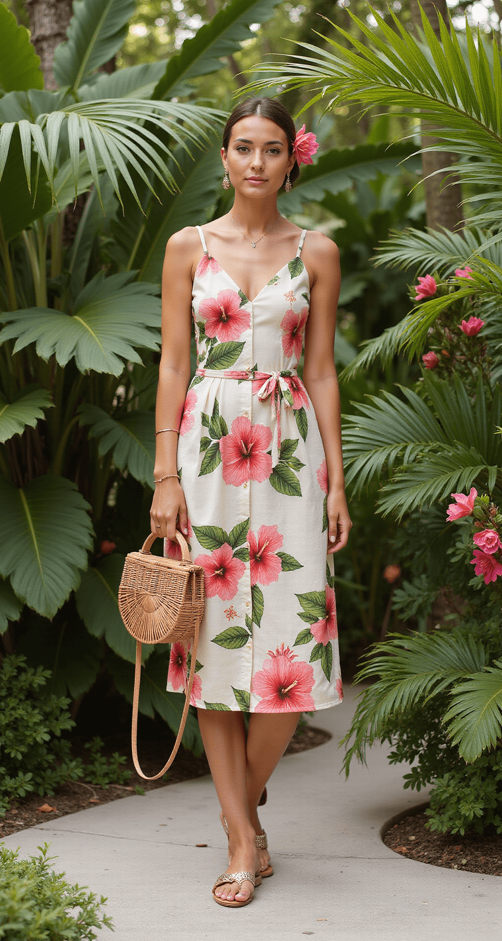 Beach Wedding Guest Dress: What to Wear in 2025 A model in a knee-length hibiscus print dress stands in a tropical garden filled with lush greenery and exotic flowers, wearing rose gold flat sandals and minimal jewelry, complemented by a structured bamboo handbag. Her hair is in a sleek low bun adorned with a tropical flower, with dappled sunlight filtering through palm fronds.