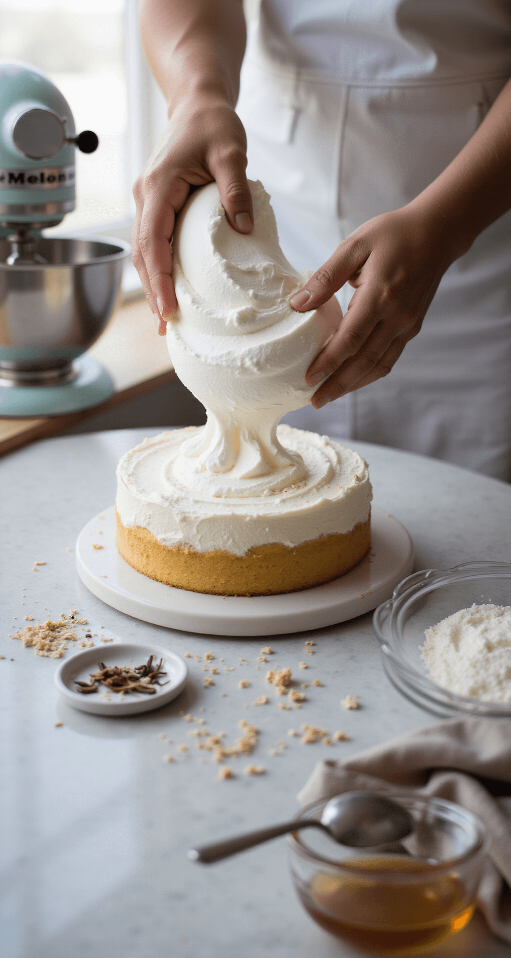 Italian Wedding Cake (Not Actually Italian!) Close-up of hands folding stiff-peaked egg whites into cake batter, with marbled meringue patterns; soft lighting highlights vanilla specks and coconut flakes on a marble countertop, featuring a stand mixer and glass bowls in the background.