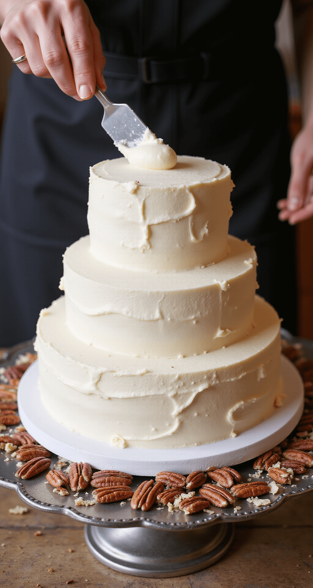 Italian Wedding Cake (Not Actually Italian!) Professional overhead view of a three-tiered Italian Wedding Cake being frosted with cream cheese icing, set on a silver stand, surrounded by pecans and toasted coconut, with warm lighting highlighting its texture.