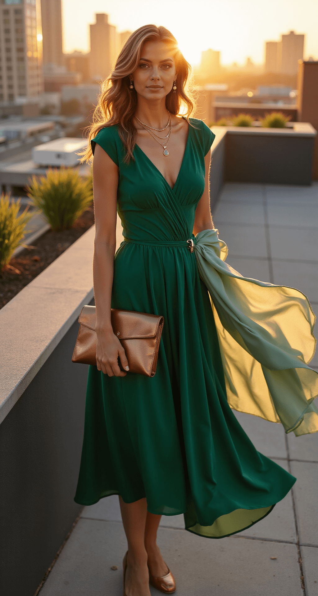September Wedding Guest Dress: Your Ultimate Style Guide for Early Fall An elegant woman in an emerald midi dress with cap sleeves stands on a sun-drenched rooftop terrace during golden hour, holding a bronze metallic clutch and wearing minimal gold jewelry, with a sage-colored silk shawl draped over her shoulders, all captured in an editorial style with a shallow depth of field.