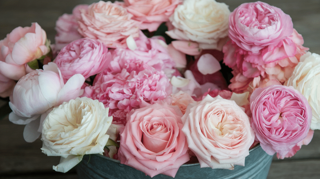 Wedding Bucket Flowers to bring Fresh Beautiful Blooms to Your wedding day A bucket brimming with lush, fragrant roses and peonies