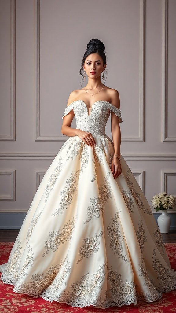 30 Stunning Ball Gowns for Your Next Formal Event A woman wearing a stunning ball gown, showcasing a sophisticated off-shoulder design and intricate detailing.