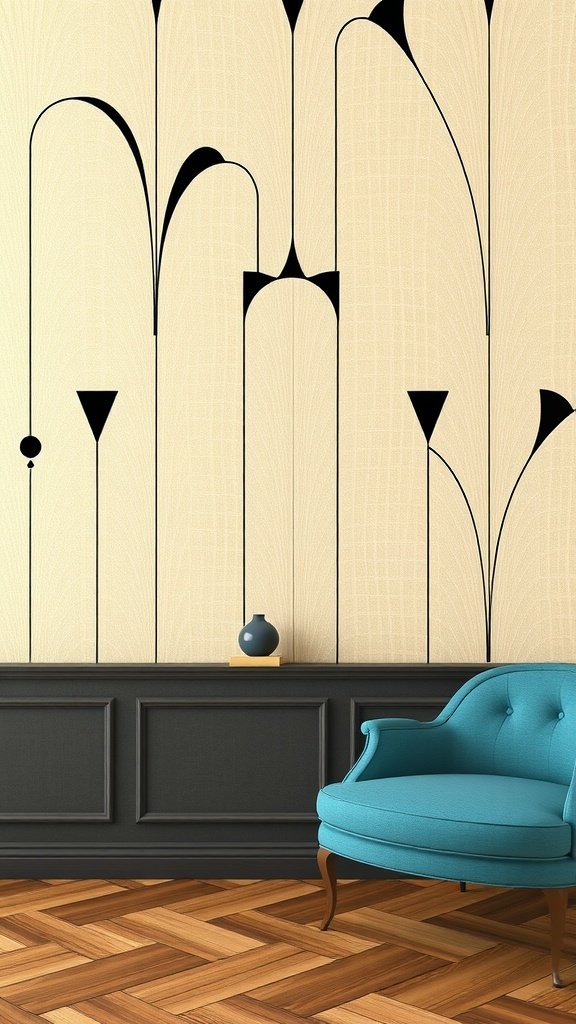 50 Stunning Coquette Wallpaper Designs to Transform Your Space An elegant room featuring coquette wallpaper, showcasing bold black patterns on a beige background, with a turquoise chair and wooden flooring.