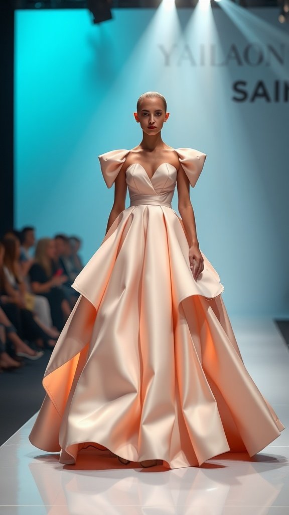 30 Stunning Ball Gowns for Your Next Formal Event A model walking down the runway in a peach-colored ball gown with oversized sleeves.