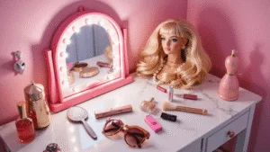 The Ultimate Barbie Halloween Costume: Channel Your Inner Plastic Icon A pink vanity setup featuring a softly lit mirror, beauty products, Barbie costume elements, a blonde wig, cat-eye sunglasses, and pearl accessories, set against a white marble countertop with rose gold and pastel pink tones, vintage perfume bottles, and a silver hairbrush, all enhanced by a magical bokeh effect.