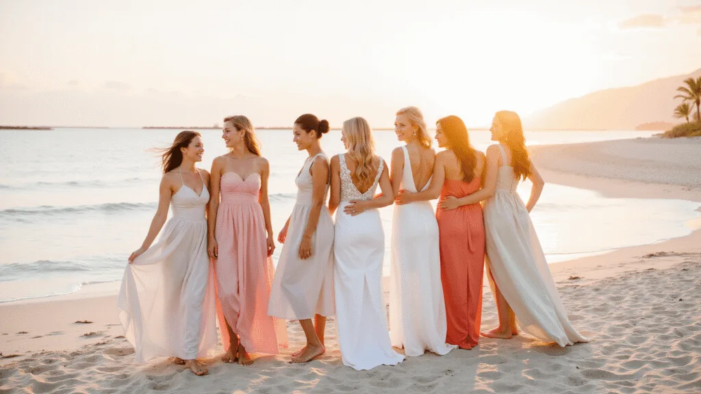 The Real Deal on Beach Wedding Guest Dresses (Trust Me, I've Been There!) A picturesque beach wedding scene at sunset, featuring elegant guests in flowing pastel dresses, standing on soft sand by the ocean, embodying a romantic and ethereal atmosphere.