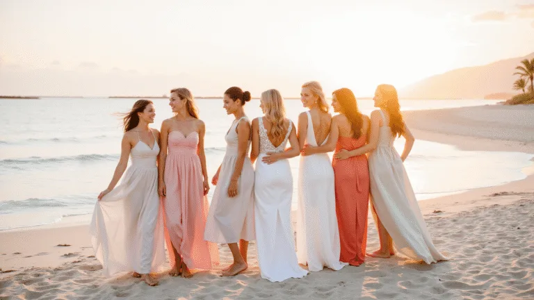 The Real Deal on Beach Wedding Guest Dresses (Trust Me, I've Been There!) A picturesque beach wedding scene at sunset, featuring elegant guests in flowing pastel dresses, standing on soft sand by the ocean, embodying a romantic and ethereal atmosphere.