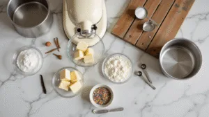 Easy Birthday Cake: The Ultimate Foolproof Recipe Cinematic overhead shot of a rustic marble countertop with baking ingredients, including softened butter, farm-fresh eggs, sugar, and flour, complemented by a cream-colored stand mixer and vintage measuring spoons, all softly illuminated by natural light.