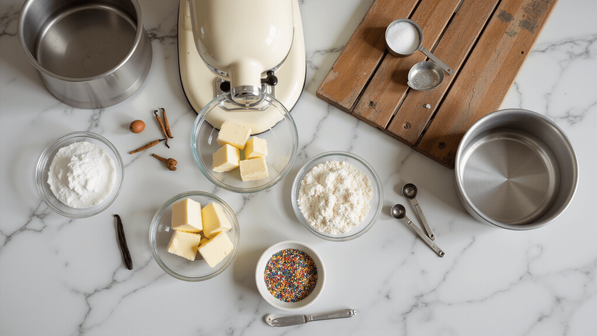 Cinematic overhead shot of a rustic marble countertop with baking ingredients, including softened butter, farm-fresh eggs, sugar, and flour, complemented by a cream-colored stand mixer and vintage measuring spoons, all softly illuminated by natural light.