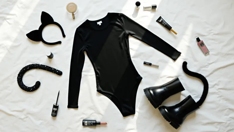 The Ultimate Guide to Rocking a Black Cat Halloween Costume Flatlay of a black bodysuit with Halloween cat costume accessories, including velvet cat ears, sequined tail, and patent leather boots, surrounded by makeup essentials, all captured in natural sunlight on a white duvet.