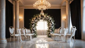 Black and White Wedding Flowers: Timeless Elegance for Your Special Day Luxurious grand ballroom wedding ceremony setup with a black and white floral arch, elegant ghost chairs with silk ribbons, marble columns, and scattered white rose petals along the aisle under warm chandelier lighting.