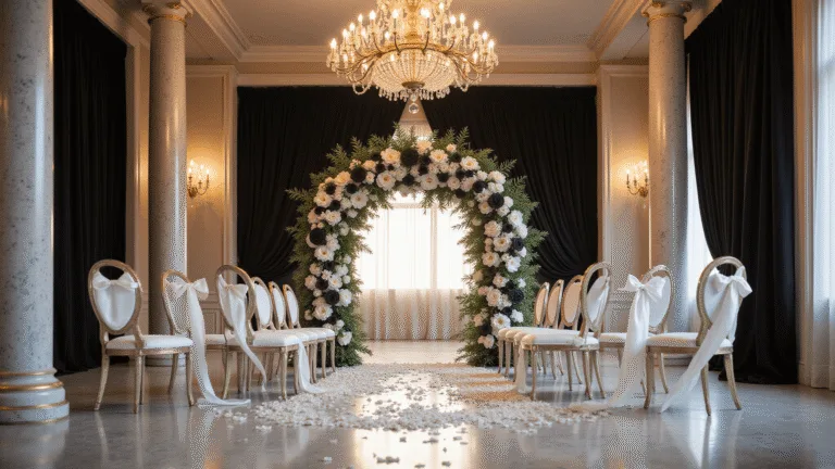 Black and White Wedding Flowers: Timeless Elegance for Your Special Day Luxurious grand ballroom wedding ceremony setup with a black and white floral arch, elegant ghost chairs with silk ribbons, marble columns, and scattered white rose petals along the aisle under warm chandelier lighting.