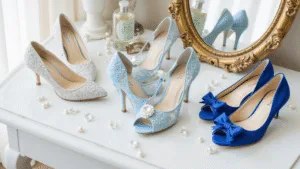 Blue Wedding Shoes: Your Perfect "Something Blue" Elegant display of blue wedding shoes on a marble surface with natural light, featuring various styles and crystal accents, set against vintage perfume bottles and mirrors.