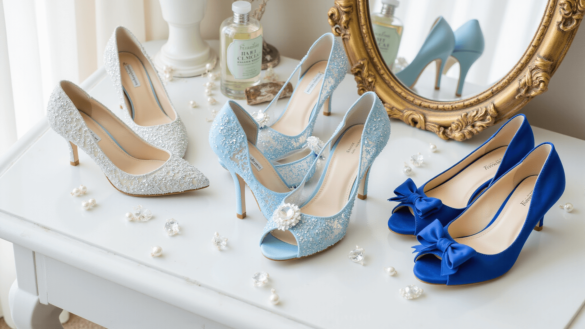 Elegant display of blue wedding shoes on a marble surface with natural light, featuring various styles and crystal accents, set against vintage perfume bottles and mirrors.
