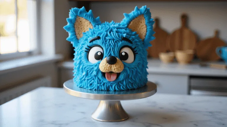 BLUEY BIRTHDAY CAKE: THE ULTIMATE CHARACTER CELEBRATION DESSERT Ultra-detailed 3D Bluey character birthday cake on a silver stand, featuring smooth blue buttercream fur and sculpted Rice Krispie ears, with a marble counter background and blurred baking tools.