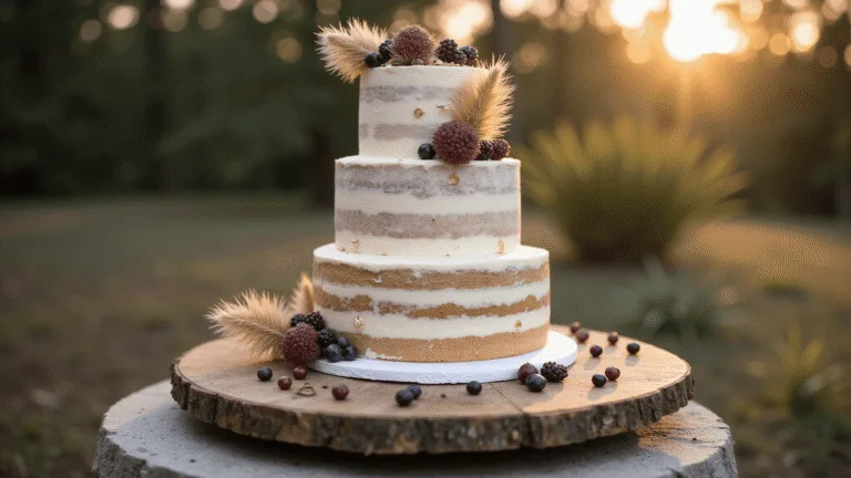 BOHO WEDDING CAKE: NATURAL ELEGANCE FOR YOUR SPECIAL DAY Photorealistic three-tiered wedding cake with semi-naked cream cheese frosting in ivory and blush, adorned with dried pampas grass, gold leaf, and fresh berries, displayed on a weathered wooden stand in a garden setting during golden hour.