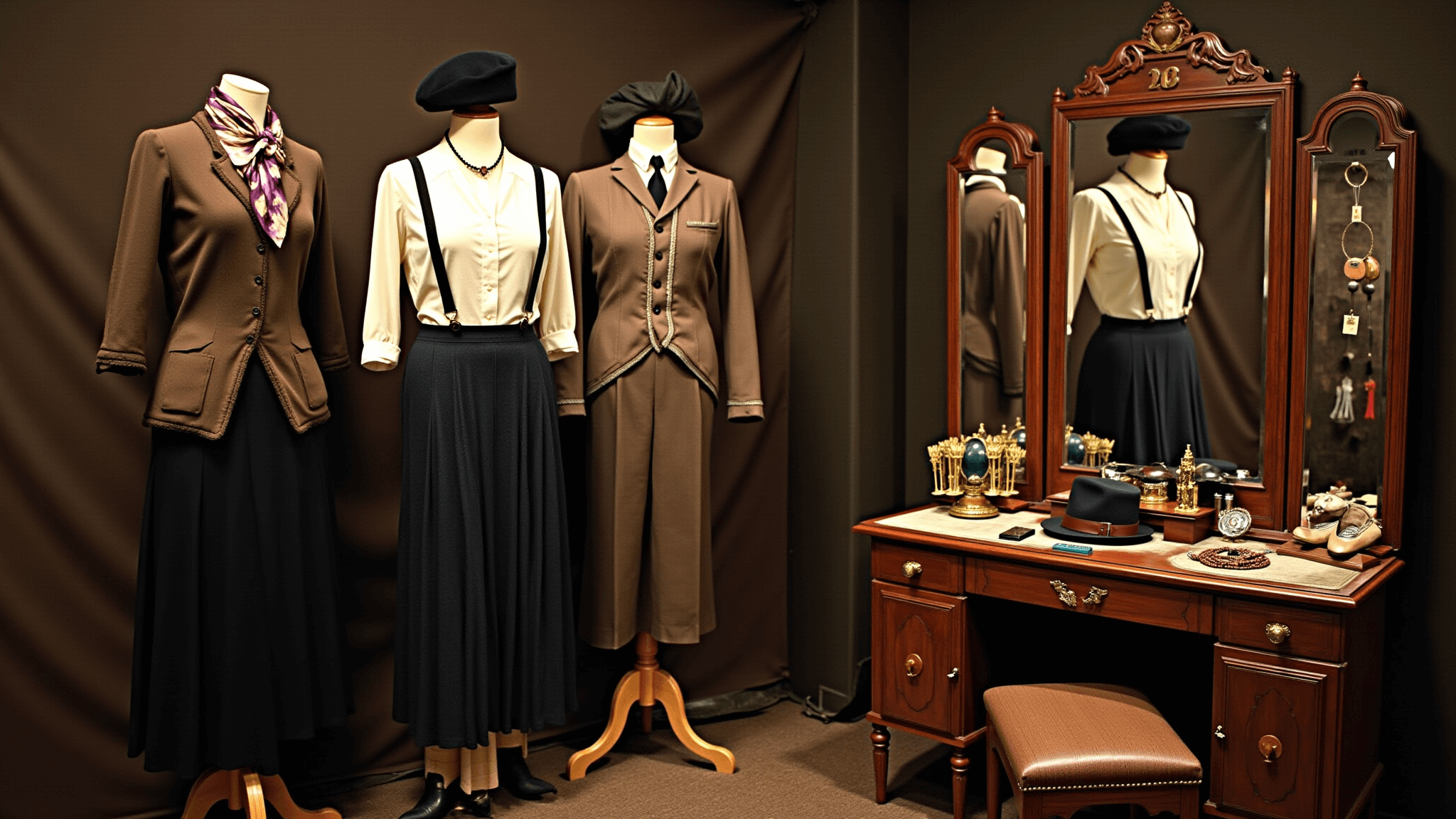 A vintage fashion display featuring 1930s Bonnie and Clyde costume elements, including a fitted brown cardigan, dark wool midi skirt, and accessories, arranged on an Art Deco vanity with warm sepia lighting and a film noir atmosphere.