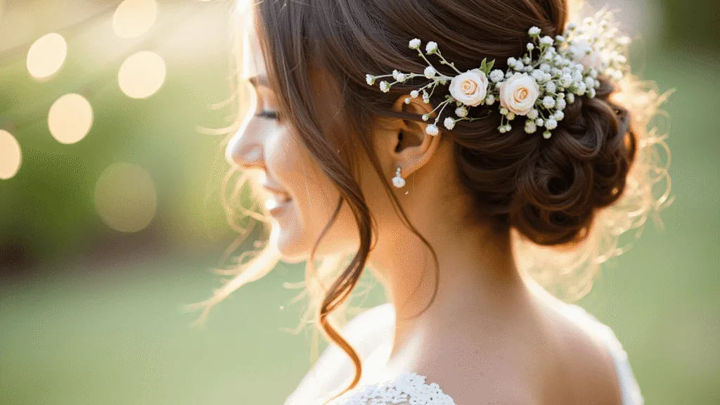 Flowers in Hair for Wedding: Your Ultimate Romantic Style Guide Close-up portrait of a bride in golden hour sunlight, featuring a loose updo adorned with fresh spray roses, freesia, and baby's breath, with soft tendrils framing her face against a dreamy bokeh background of string lights and greenery.