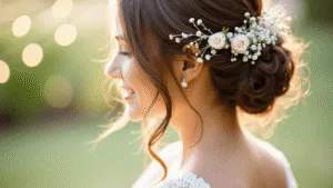 Flowers in Hair for Wedding: Your Ultimate Romantic Style Guide Close-up portrait of a bride in golden hour sunlight, featuring a loose updo adorned with fresh spray roses, freesia, and baby's breath, with soft tendrils framing her face against a dreamy bokeh background of string lights and greenery.